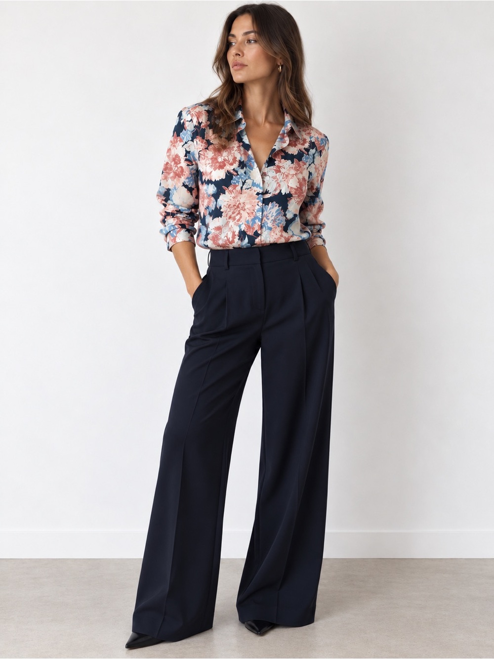 ZARA Floral Button Down Blouse Navy Pink Blue Size M